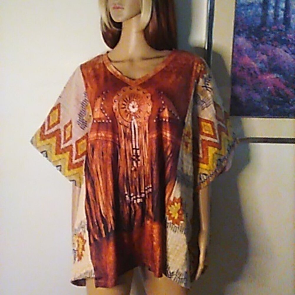 Kantha Western Tunic Brown XL & Under Printed Fringe Patchwork Upcycled Boho